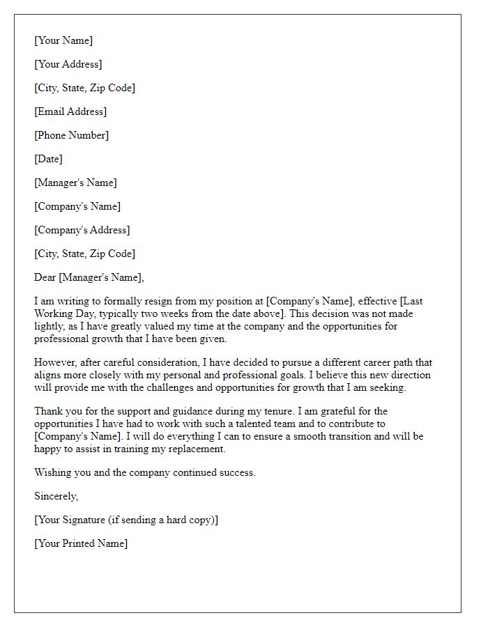 Letter template of formal job resignation for career change