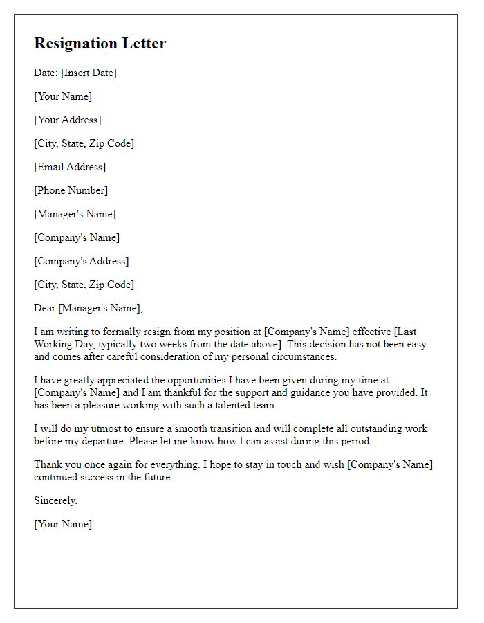 Letter template of formal job resignation due to personal reasons