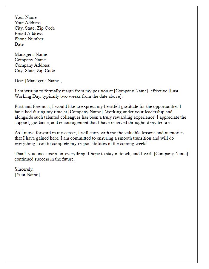 Letter template of formal job resignation expressing gratitude