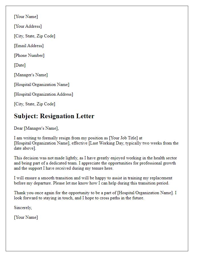 Letter template of formal job resignation in the health sector