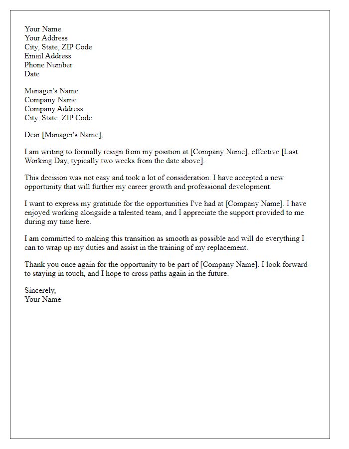 Letter template of formal job resignation for taking a new opportunity