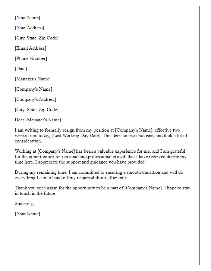 Letter template of formal job resignation with a two-week notice