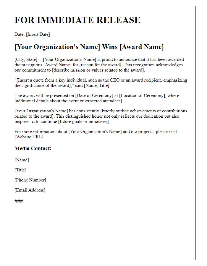 Letter template of media press release for award recognition