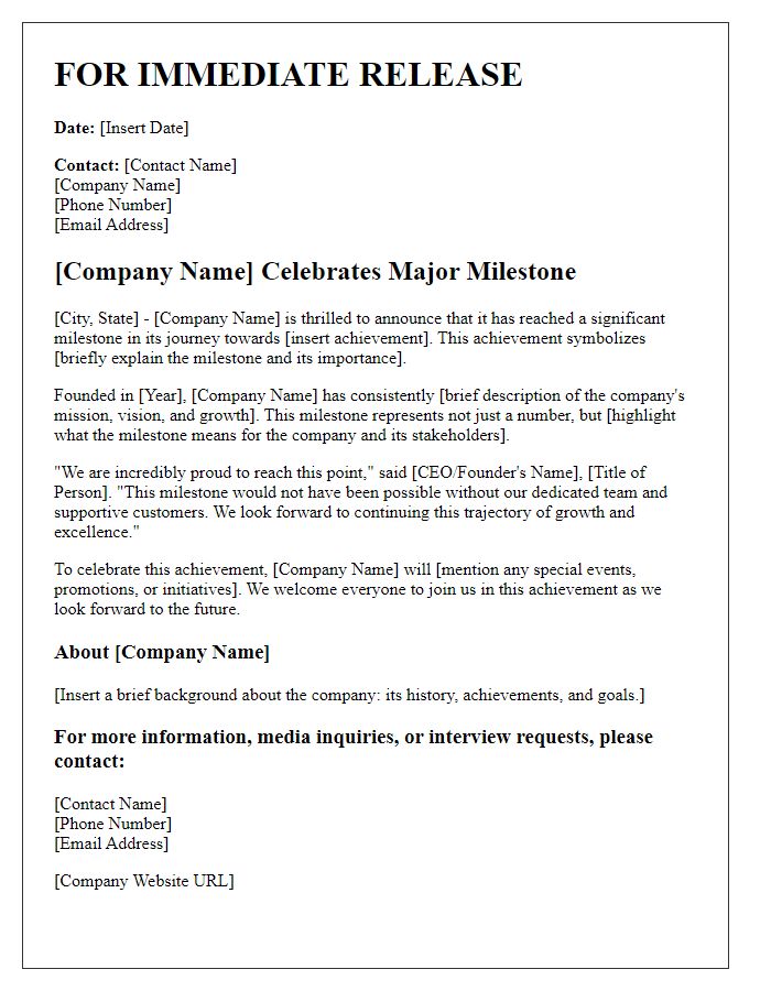 Letter template of media press release for company milestone