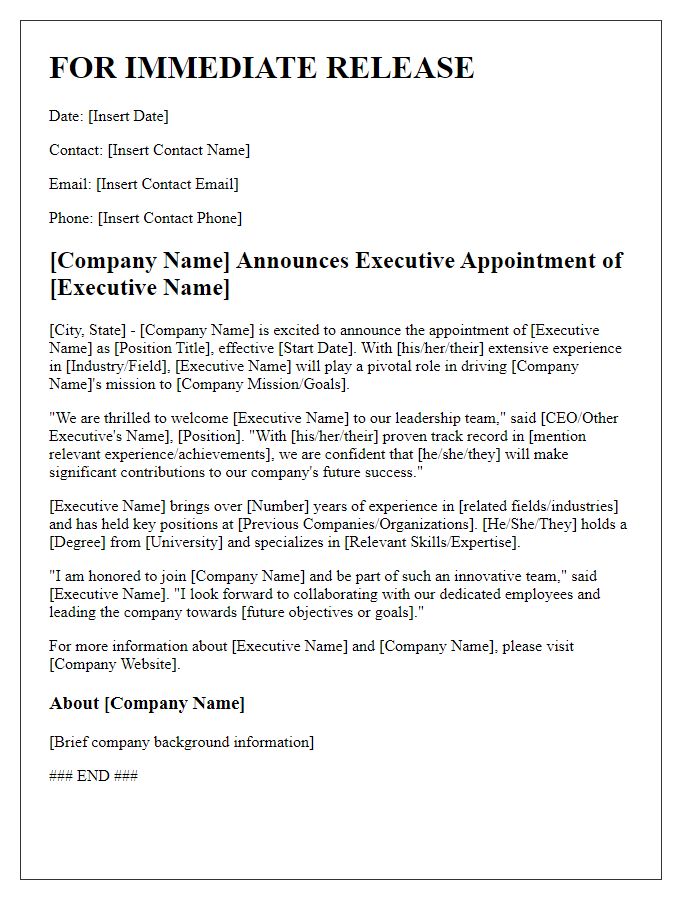 Letter template of media press release for executive appointment