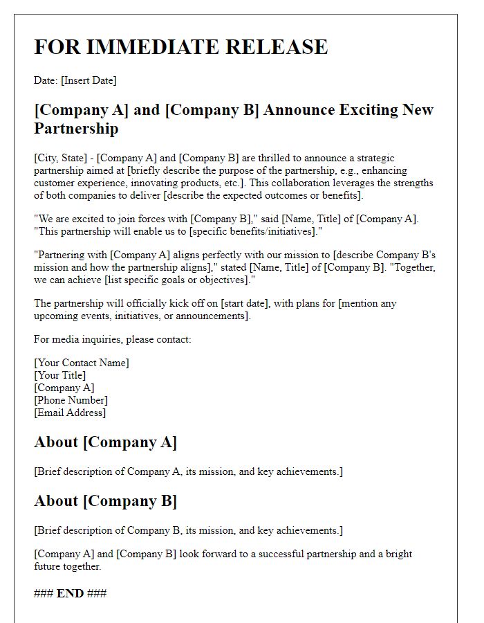 Letter template of media press release for partnership reveal