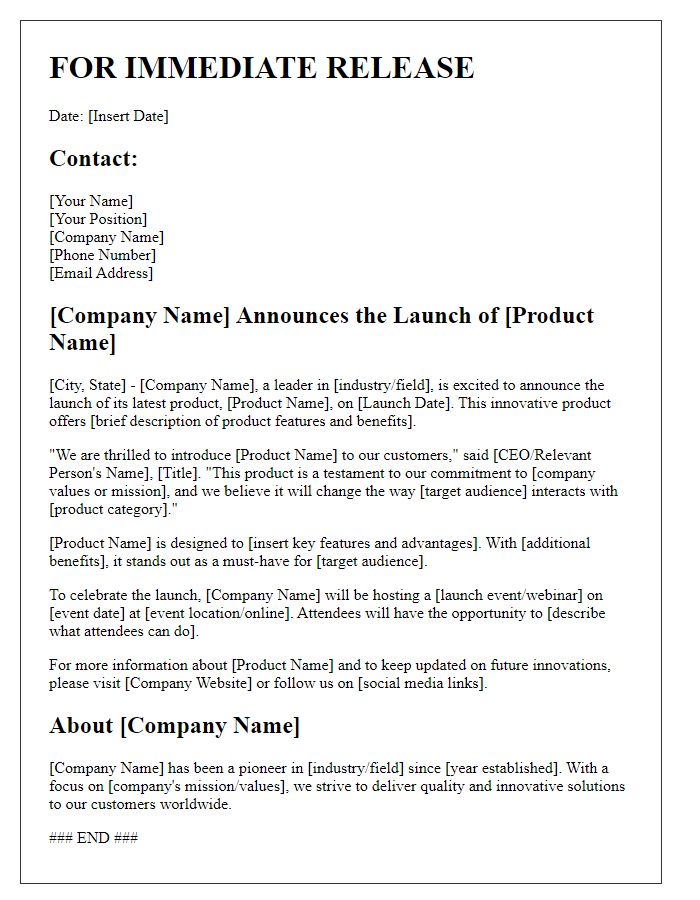 Letter template of official media press release for product launch