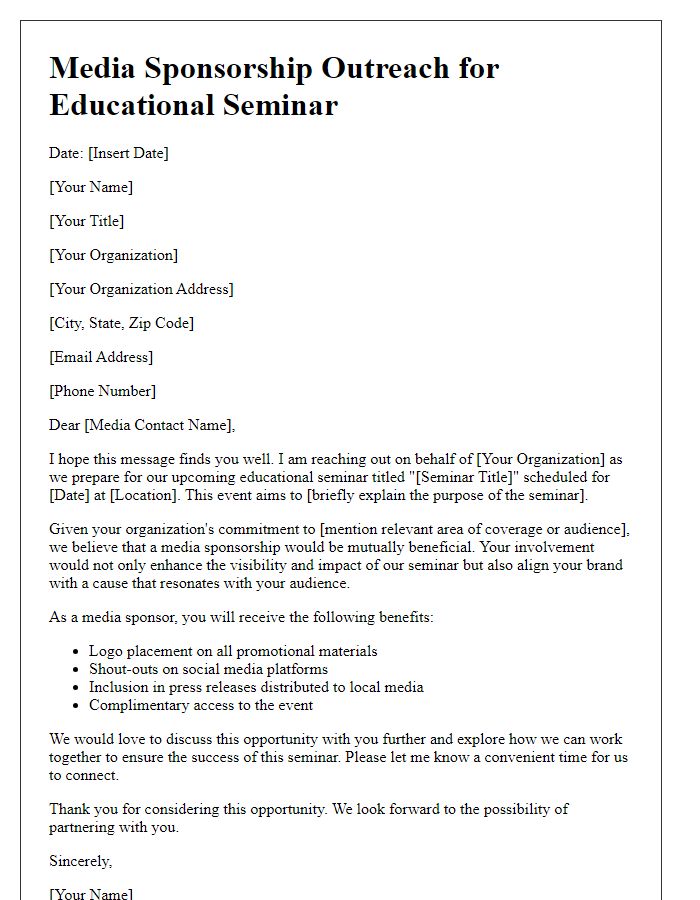 Letter template of media sponsorship outreach for a educational seminar