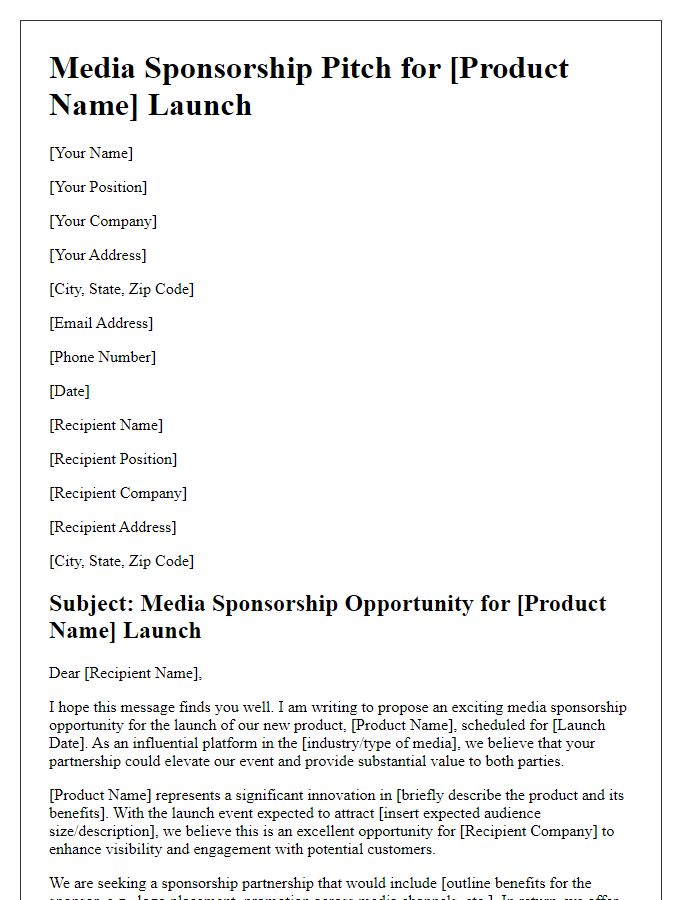 Letter template of media sponsorship pitch for a product launch