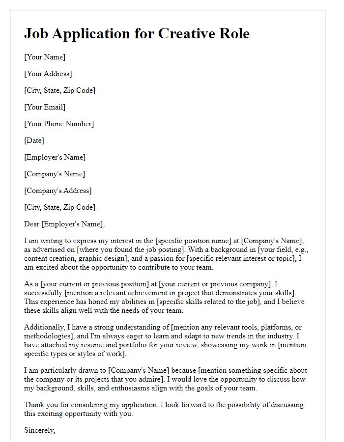 Letter template of media job application for creative roles (e.g., content creation, design).