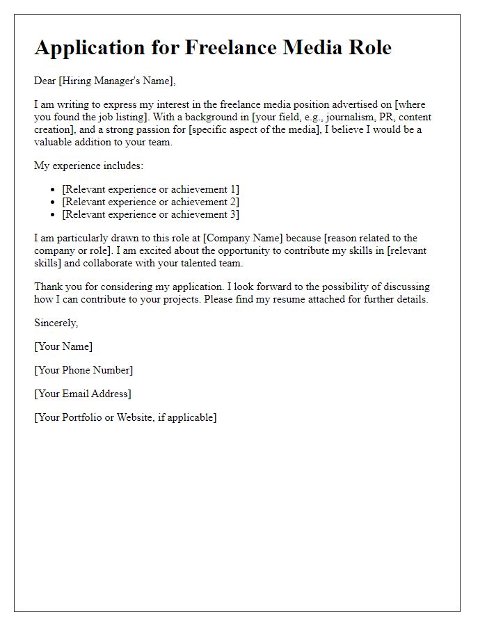 Letter template of media job application for freelance roles.