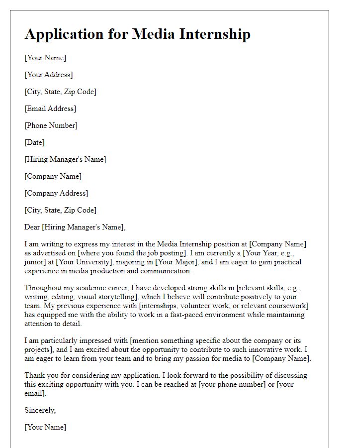 Letter template of media job application for internships.