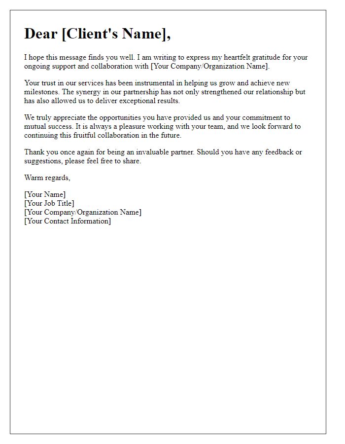 Letter template of gratitude towards media client for their ongoing support.