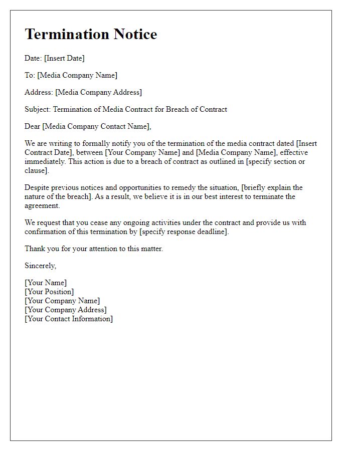 Letter template of media contract termination notice for breach of contract.