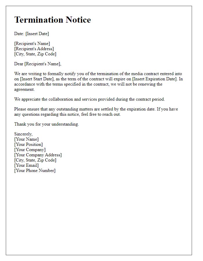 Letter template of media contract termination notice for expiration of term.