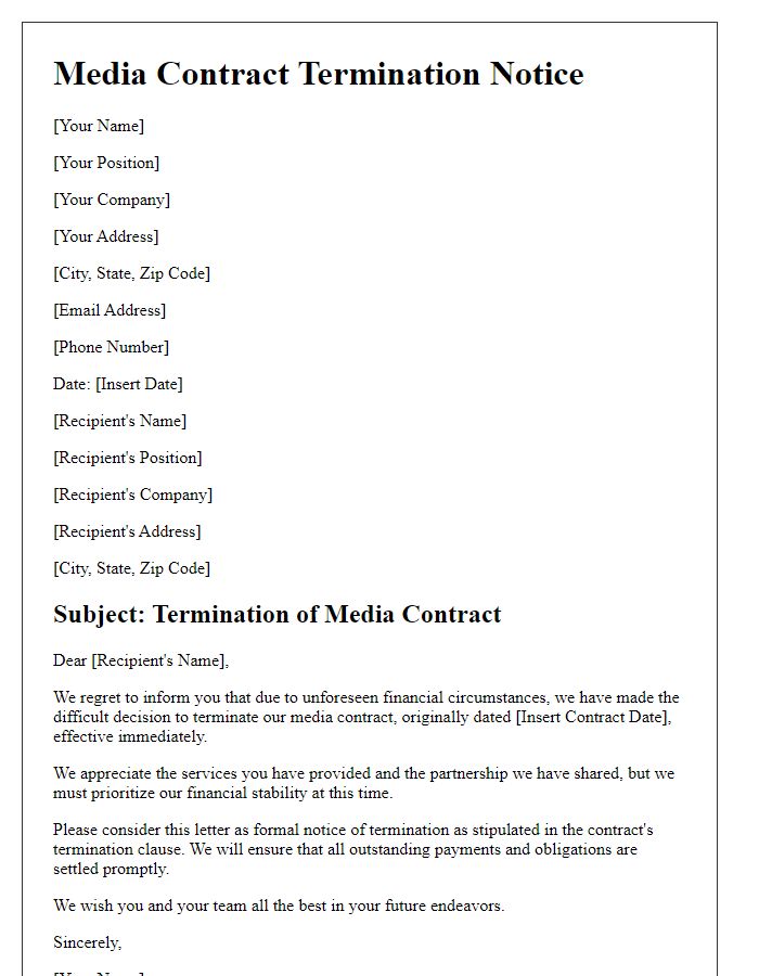 Letter template of media contract termination notice for financial reasons.