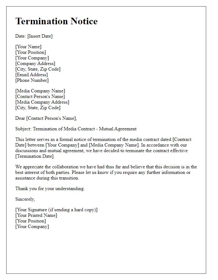 Letter template of media contract termination notice for mutual agreement.