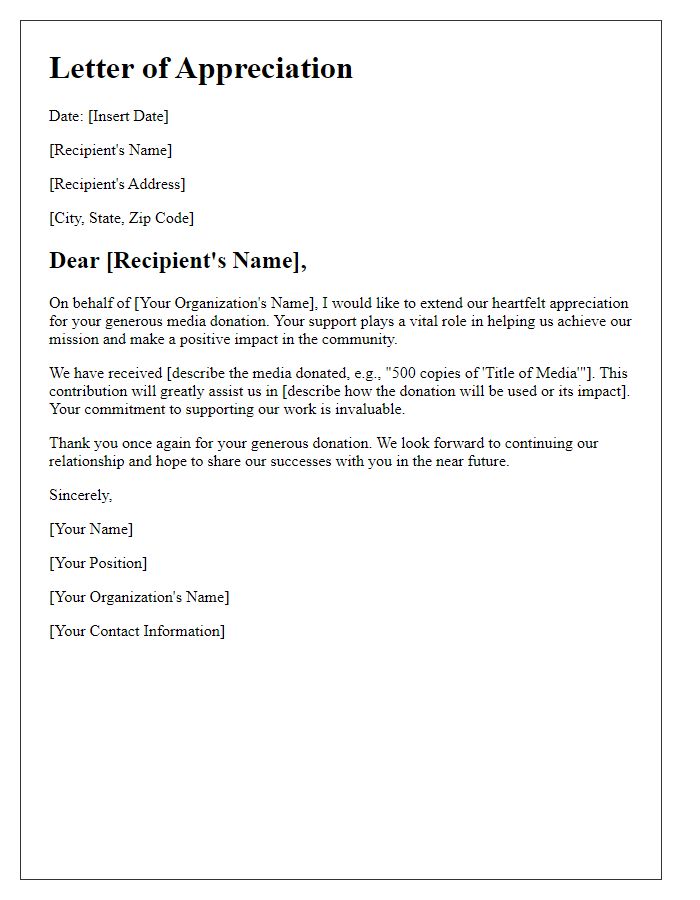 Letter template of appreciation for media donation receipt