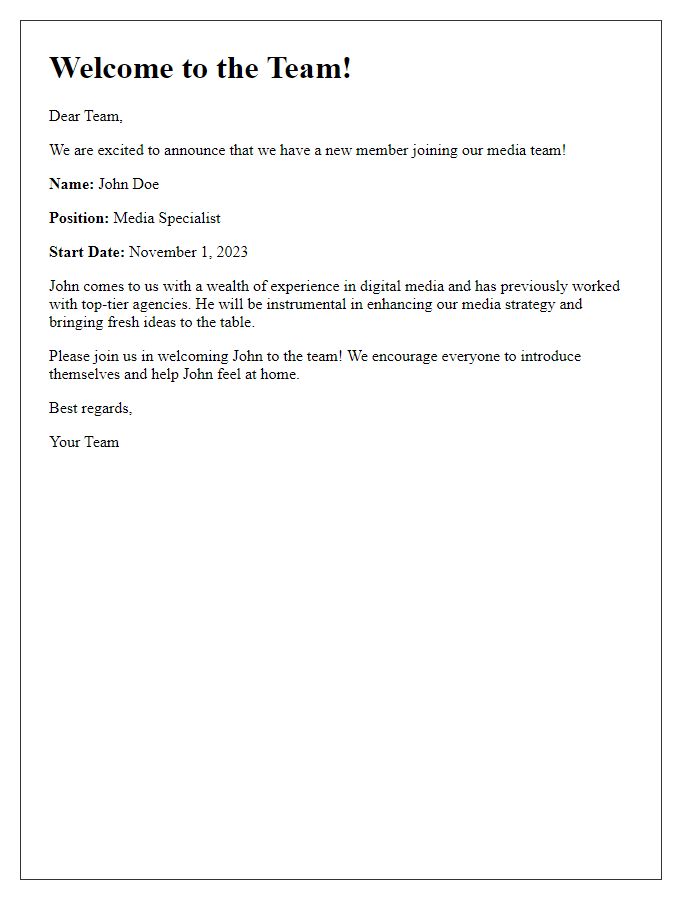 Letter template of media new hire introduction and welcome.