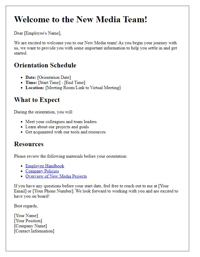 Letter template of new media staff welcome and orientation guide.