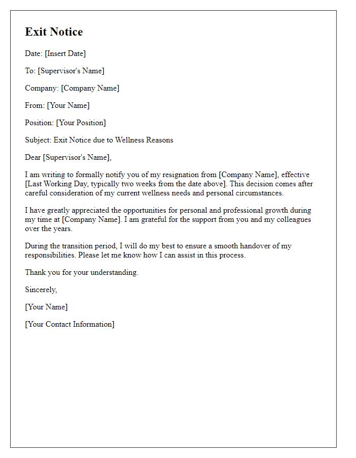 Letter template of exit notice for wellness reasons.