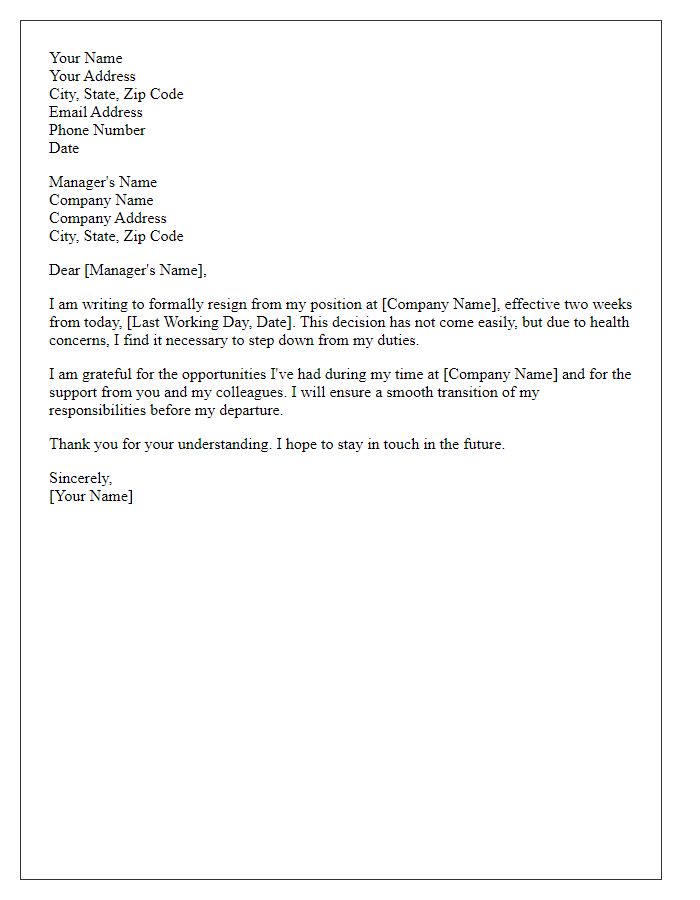 Letter template of formal resignation on health grounds.