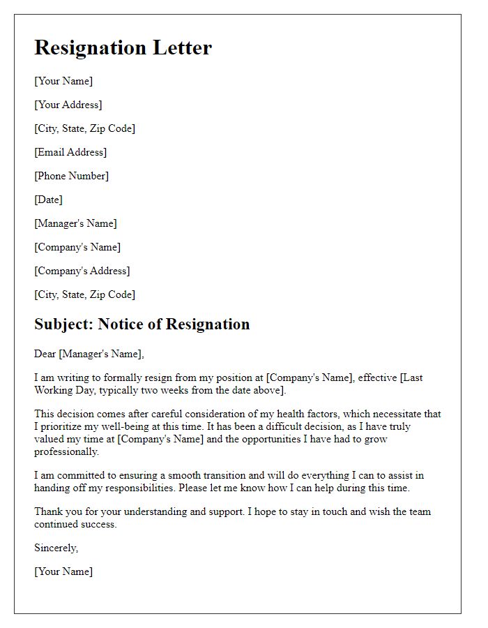 Letter template of notice of resignation linked to health factors.