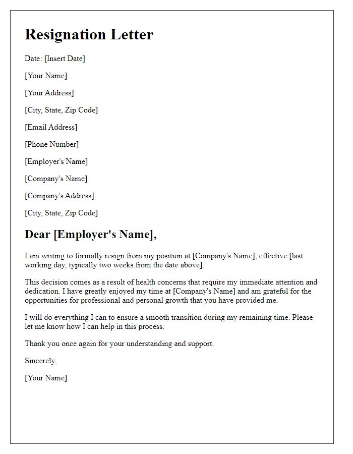 Letter template of resignation due to health concerns.