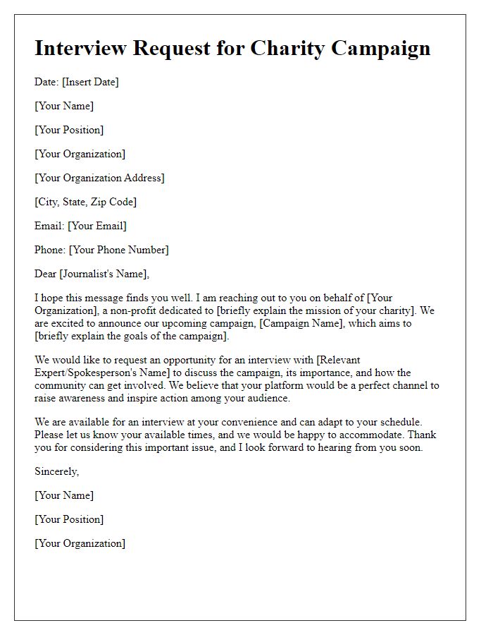 Letter template of media interview request for a charity campaign.