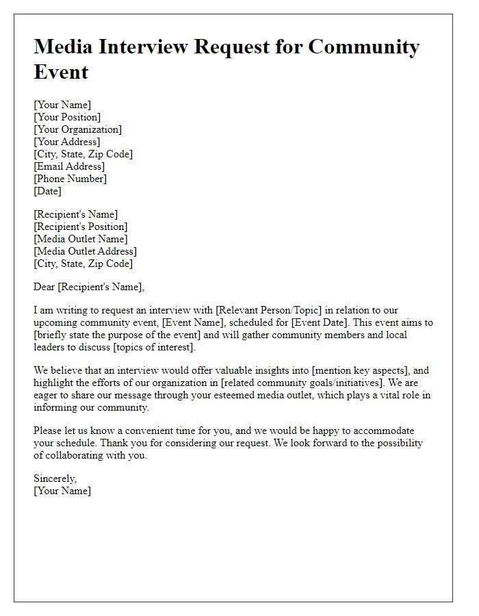 Letter template of media interview request for a community event.