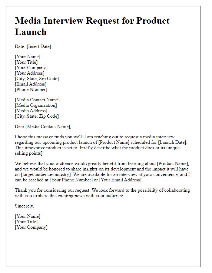 Letter template of media interview request for a product launch.