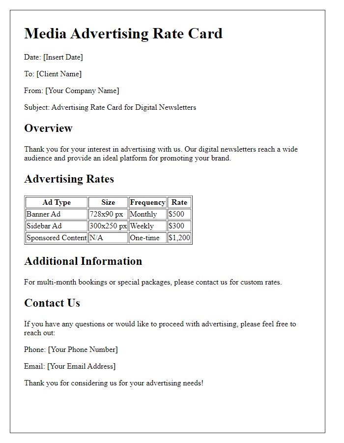 Letter template of media advertising rate card for digital newsletters