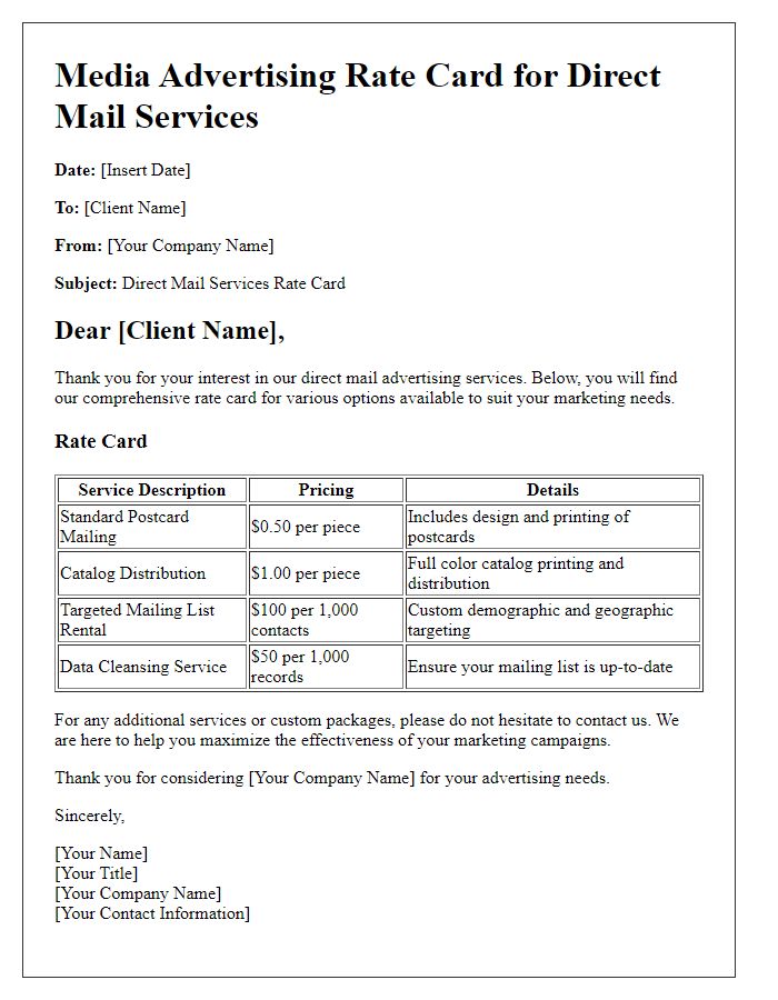 Letter template of media advertising rate card for direct mail services