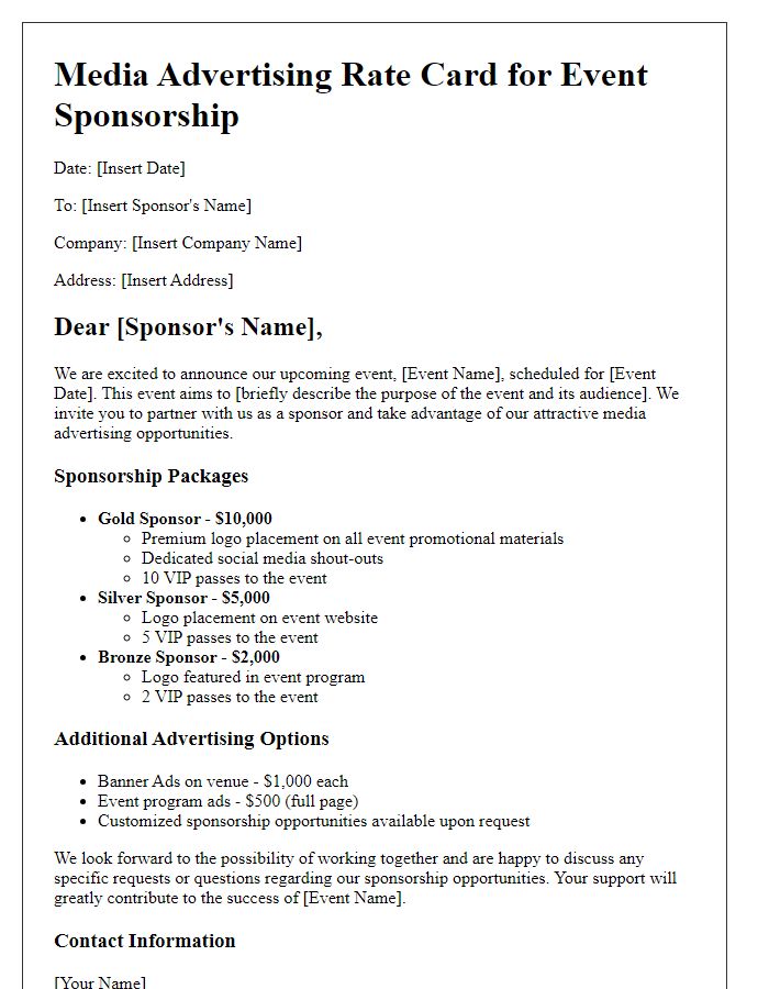 Letter template of media advertising rate card for event sponsorship