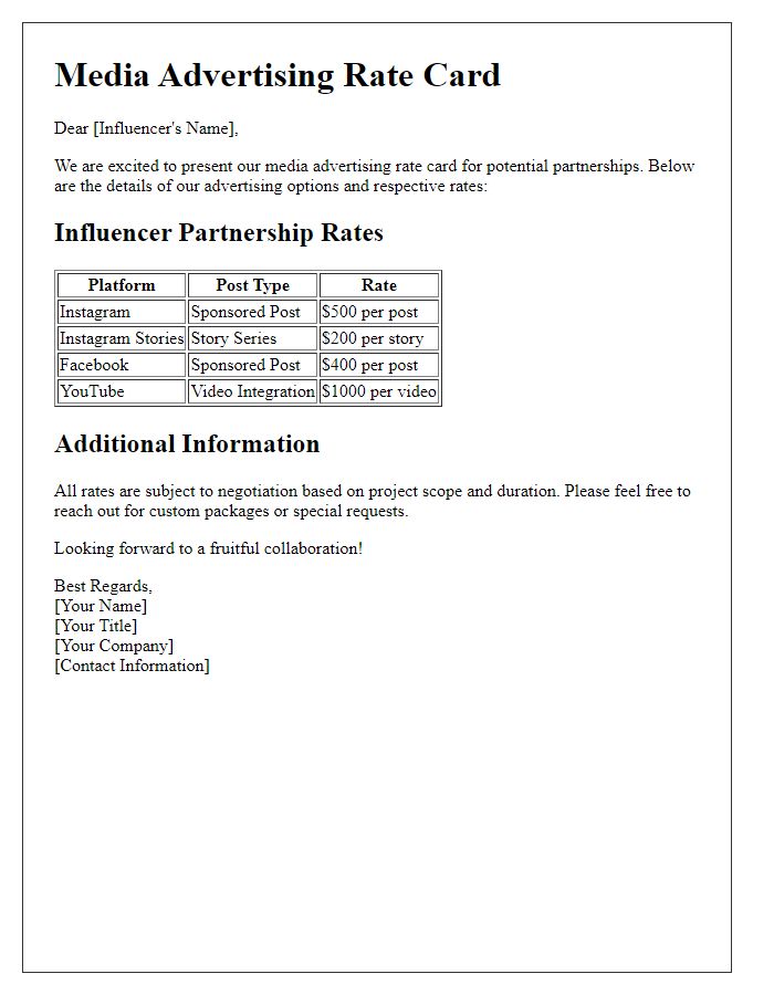 Letter template of media advertising rate card for influencer partnerships