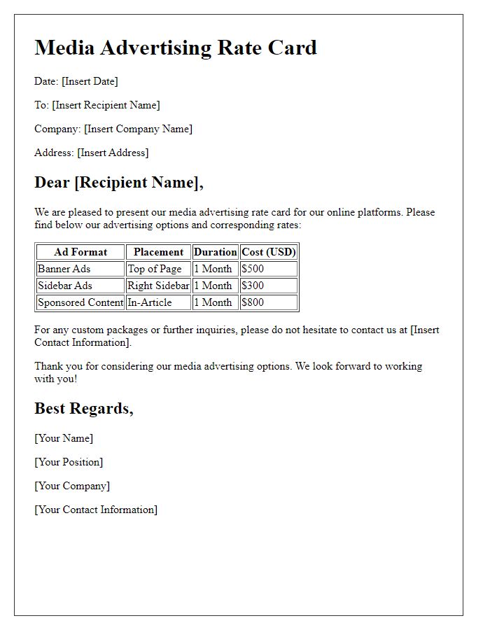 Letter template of media advertising rate card for online platforms