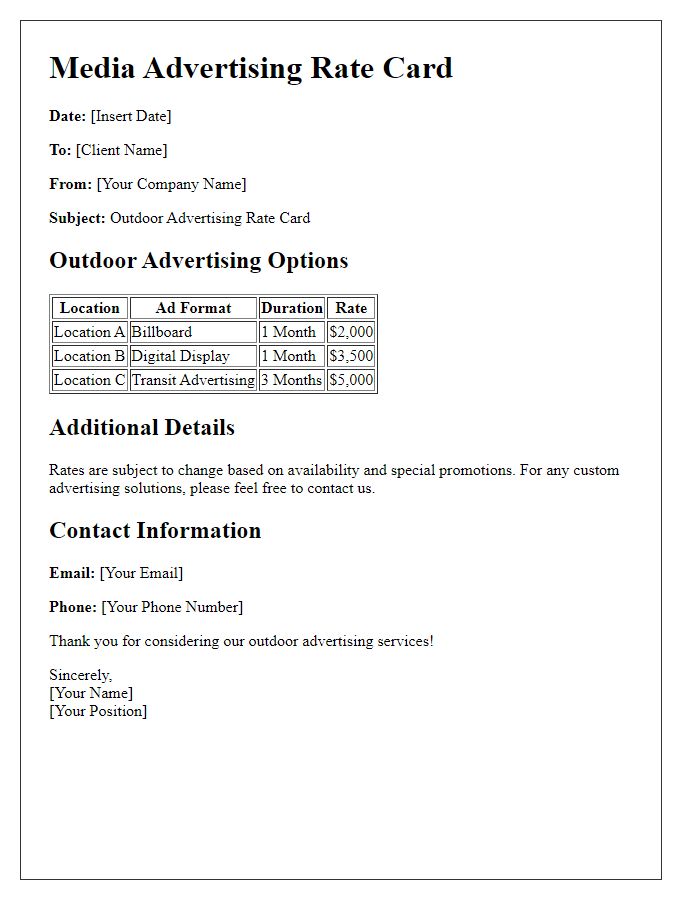 Letter template of media advertising rate card for outdoor advertising