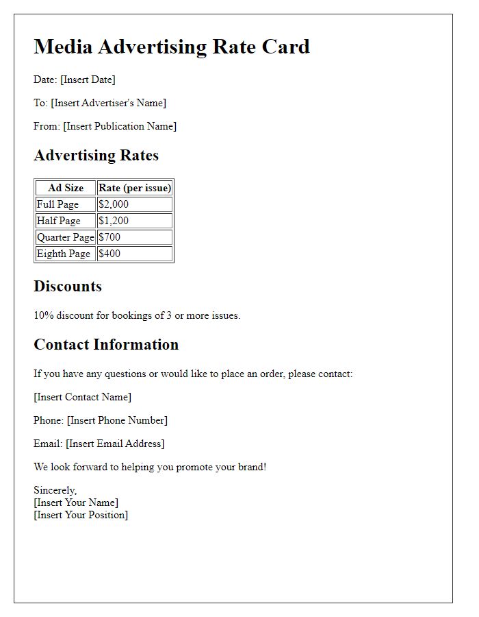 Letter template of media advertising rate card for print publications