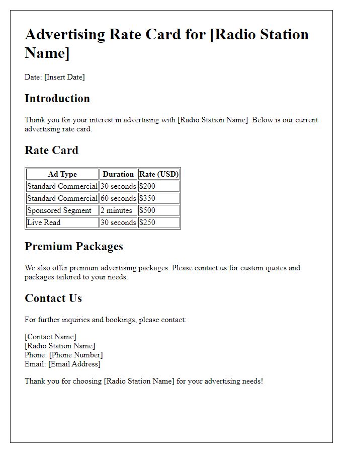 Letter template of media advertising rate card for radio stations