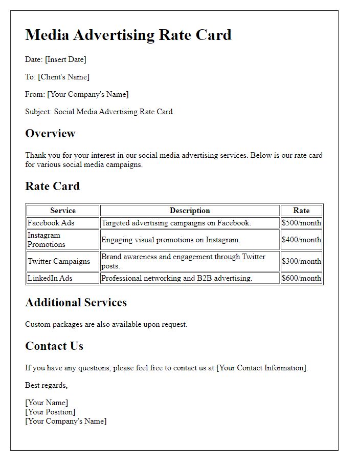 Letter template of media advertising rate card for social media campaigns