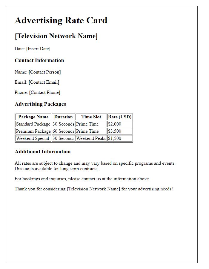 Letter template of media advertising rate card for television networks