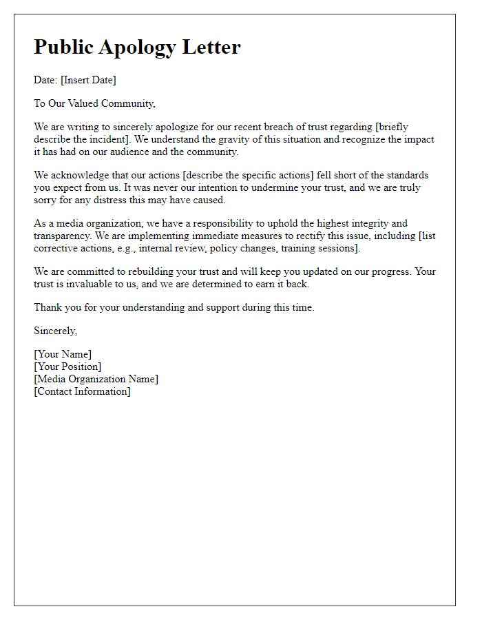 Letter template of media public apology for breach of trust.