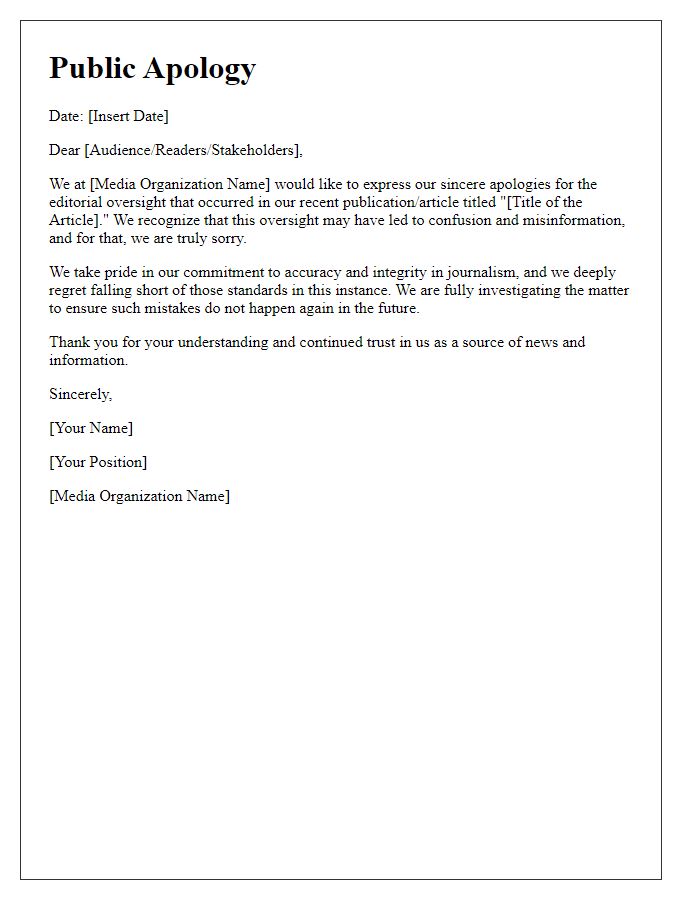 Letter template of media public apology for editorial oversight.