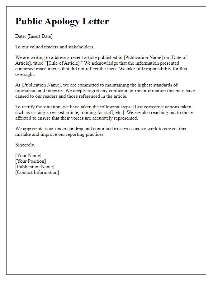 Letter template of media public apology for inaccurate reporting.