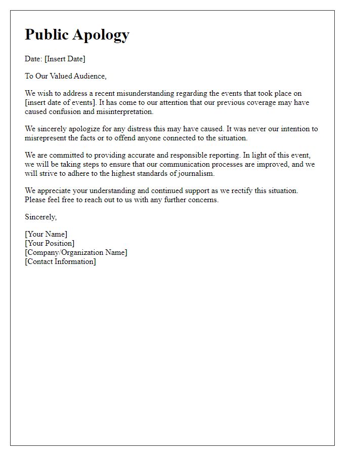 Letter template of media public apology for misunderstanding events.