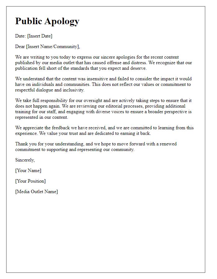 Letter template of media public apology for offensive content.