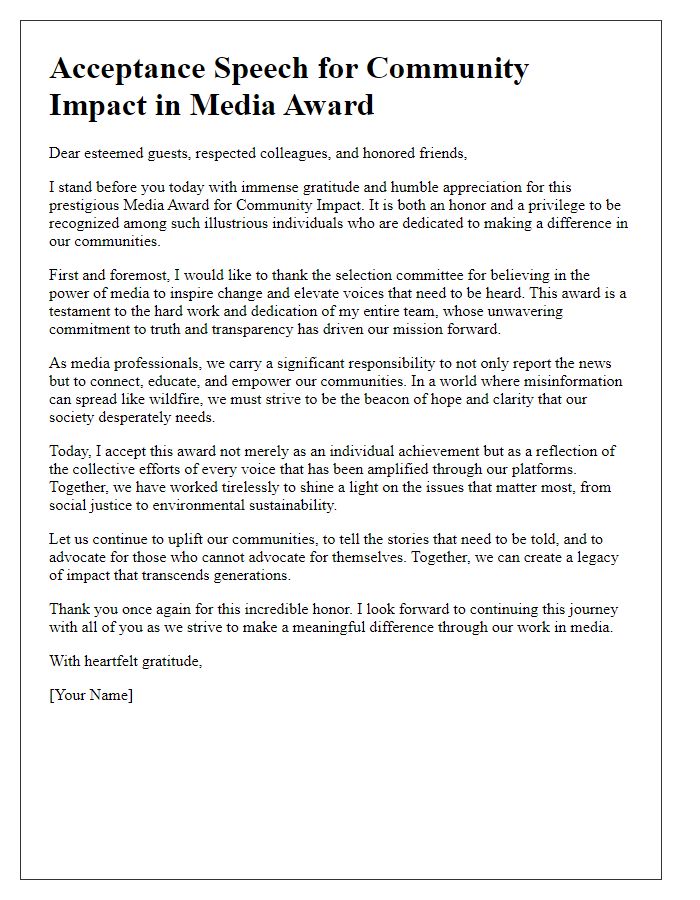 Letter template of media award acceptance speech for community impact in media.