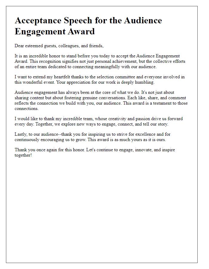 Letter template of media award acceptance speech for honoring audience engagement.