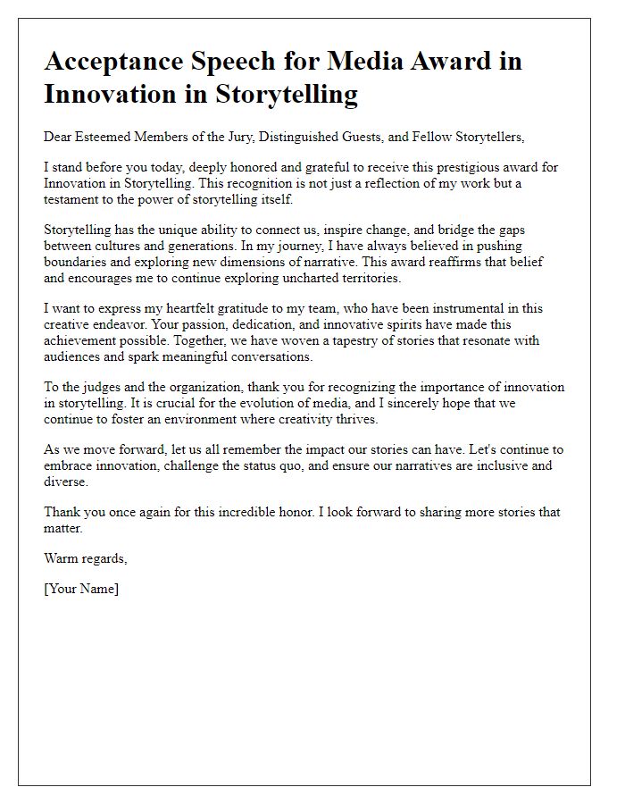 Letter template of media award acceptance speech for innovation in storytelling.