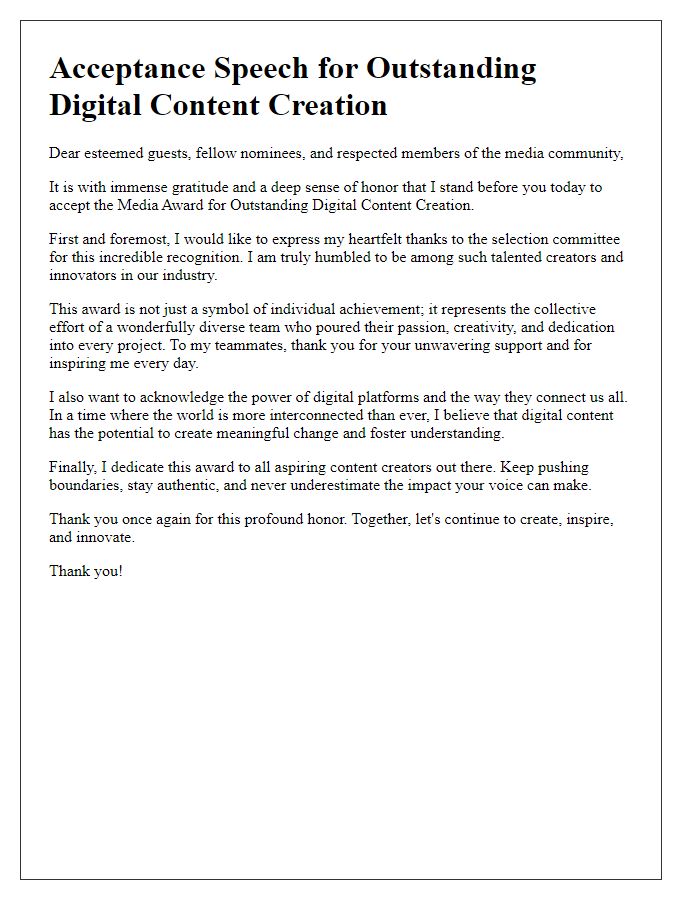 Letter template of media award acceptance speech for outstanding digital content creation.